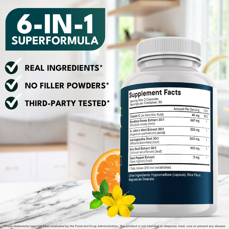 NEW AGE St Johns Wort, Rhodiola Rosea, Holy Basil, Ashwagandha - Support for Women and Men with Vitamin C & Black Pepper Extract - 180 Count 60 Count (Pack of 3)