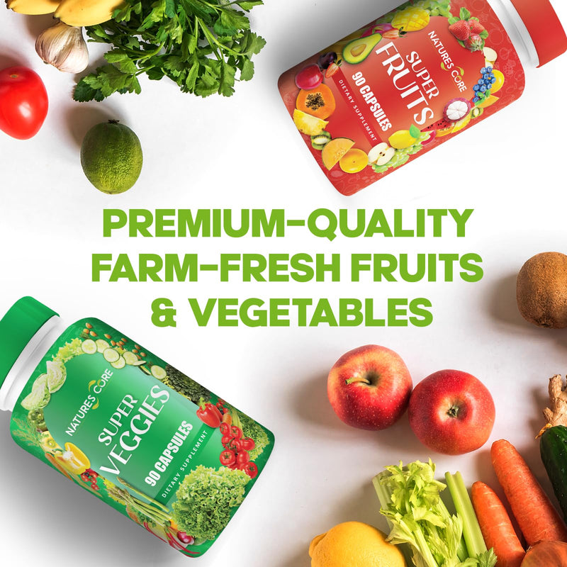 Nature's Core Fruit and Veggie Supplement - 360 Capsules - 100% Whole Super Fruit and Vegetable Vitamin, Made in USA, Soy Free, Vegan, Capsule Form - 90 Count (Pack of 4)