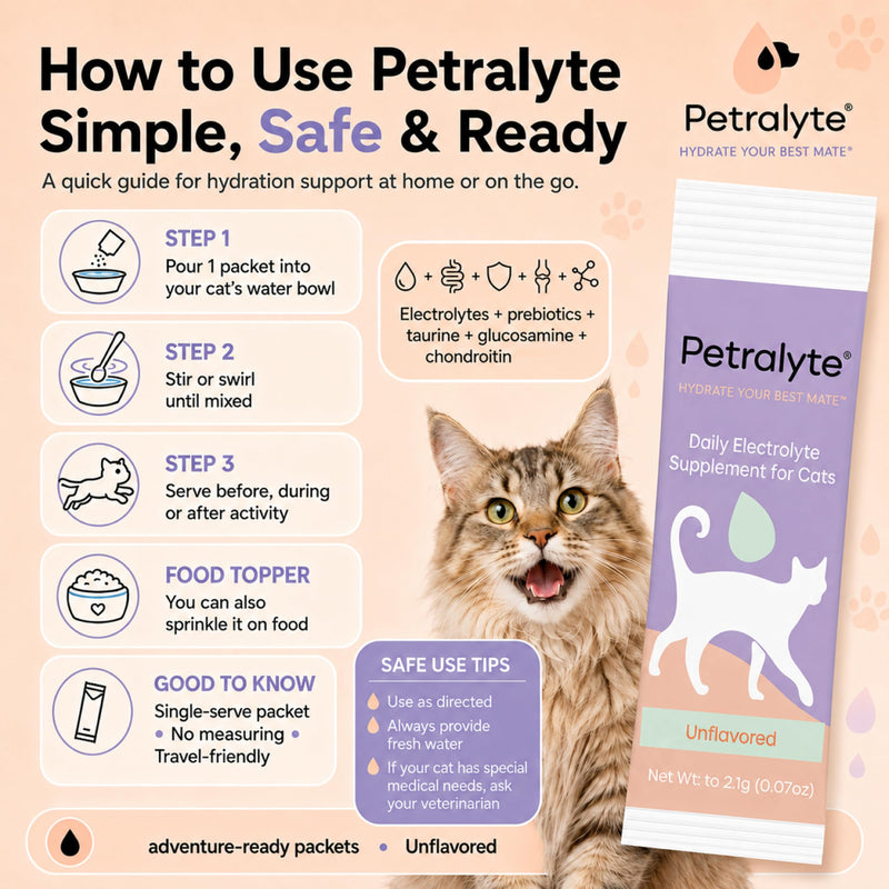 Petralyte Cat Hydration Electrolyte and Cat Joint Supplement | Hydration Support for Cats w/Glucosamine, Chondroitin, L-Glutamine, Taurine, Lysine & Prebiotics | Unflavored | 16 Packets 1-Pack (16 Packets)