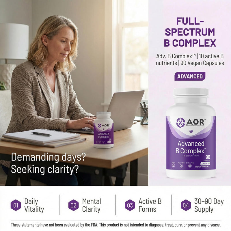 AOR Vitamin B Complex, Methylcobalamin 5-MTHF, No Flush, 90 Vegan Capsules | Active B Forms with Methylcobalamin & 5-MTHF, No Flush Niacin, 8 Essential B Vitamins, Vegan Capsule, Gluten Free, GMO Free 90 Count (Pack of 1)