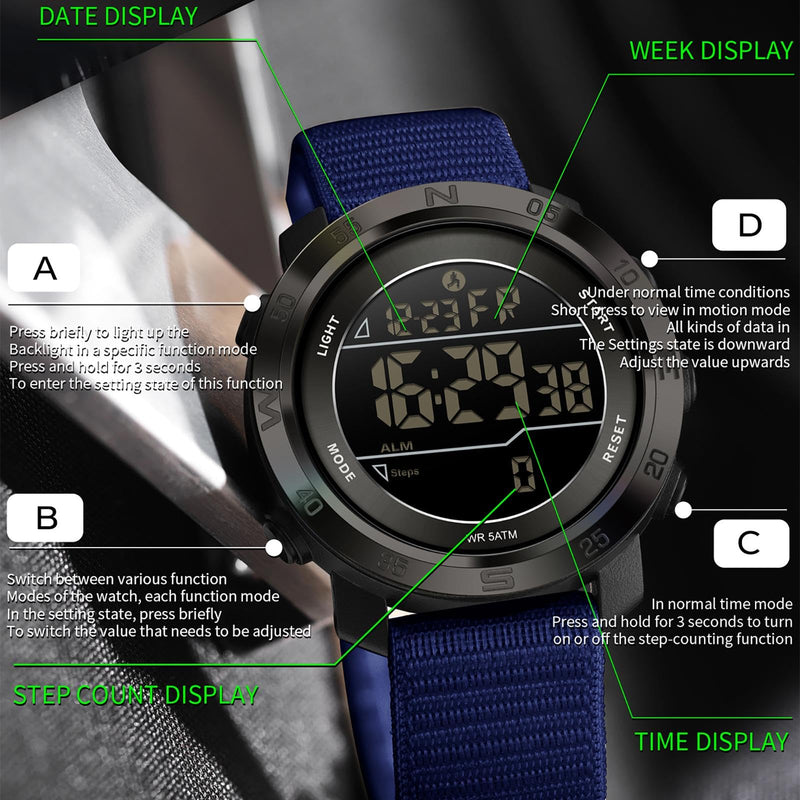 findtime Step Counter Watch No Phone Needed Pedometer for Walking Mens Women's Digital Watches with Calories Distance Alarm Countdown Timer Nylon Strap Blue Black Blue