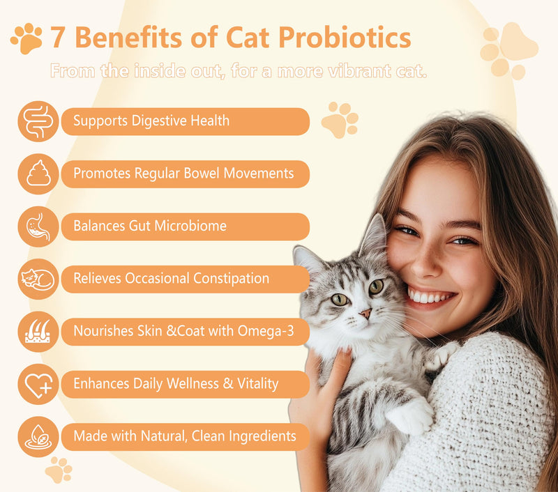 Cat Probiotics Tasty Chews –500 Chews Crunchy & Creamy Texture, with Fish Oil Omega-3 Skin & Coat Health Digestive & Gut Support, Constipation Relief, Healthy Stool, Chicken Flavor with Cheese Center