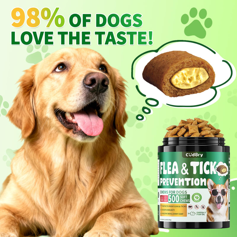 Flea and Tick Prevention for Dogs Chews, Dog Flea Chewables with Skin & Coat Support – Oral Supplement for All Breeds & Ages – Natural Duck & Chicken & Cheese Flavor
