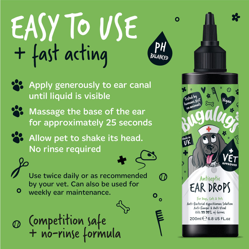 BUGALUGS Antiseptic Ear Drops 200ml – Ear Disinfection, Kills bacteria, Stops Odours, Scratching & Discomfort, Anti-fungal (Yeast), Veterinary-grade, for Dogs, Cats & all other animals Dog 200ml