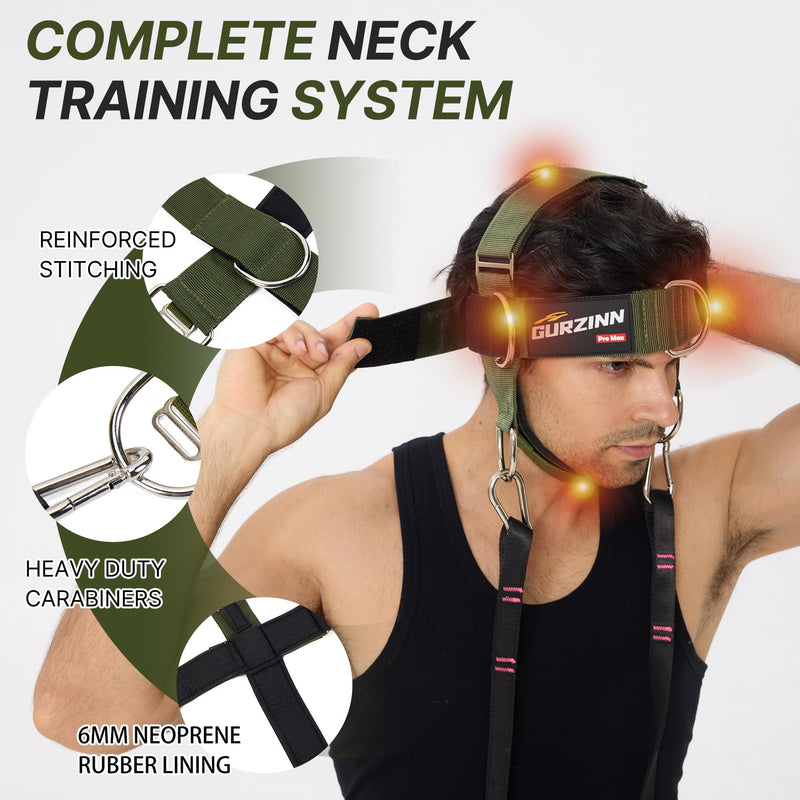 【GurZinn】 Neck Harness Trainer - Adjustable 40" (100cm) Heavy Duty Rope & Neoprene Padding | Improve Neck Strength & Reduce Neck Pain | Gym & Home Use one size Green
