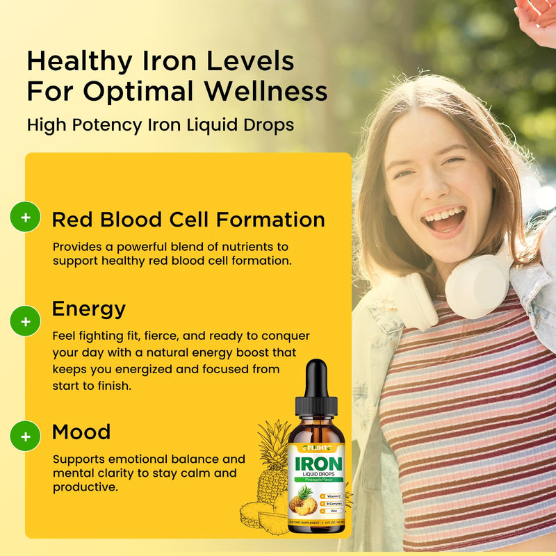 Liquid Iron Supplement for Women Men & Kids Multivitamin Iron Drops with Folate, Vitamin C, B6, B12, Zinc for Anemia, Iron Deficiency, Blood Builder, Energy - Natural Pineapple Flavor, Vegan 2 Fl Oz 2 Fl Oz (Pack of 1)