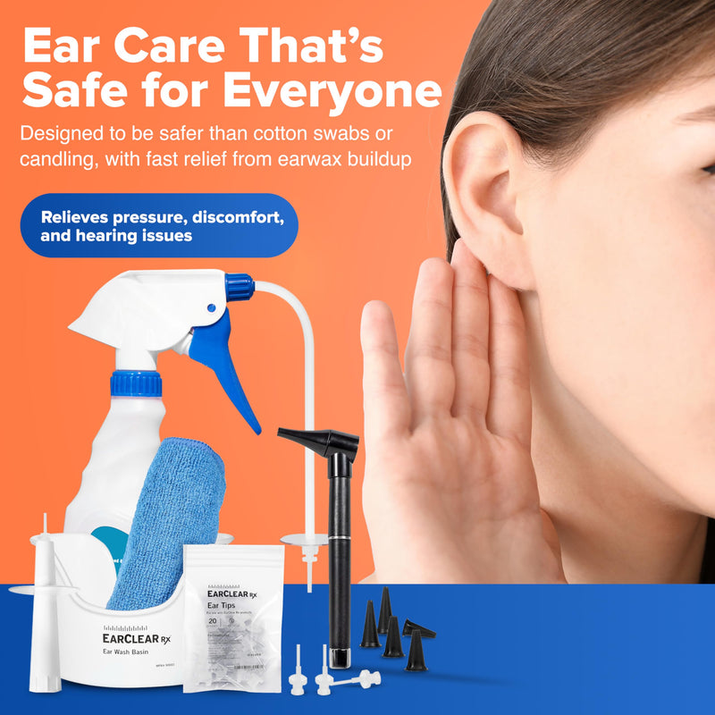 EarClearRX Flexible Tip Kit – Complete at-Home Ear Cleaning Kit for Adults & Kids - Easy-to Use Ear Cleaner - Includes Bottle Washer, Basin, 20 Disposable Tips, Microfiber Towel & Otoscope Penlight - BeesActive Australia