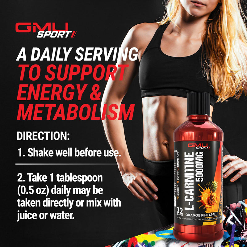 Liquid L-Carnitine 5000mg – Orange Pineapple – Metabolic, Energy and Muscle Support Supplement – Stimulant-Free Pre Workout Alternative for Endurance, Exercise & Recovery – 32 Servings – GMU Sport