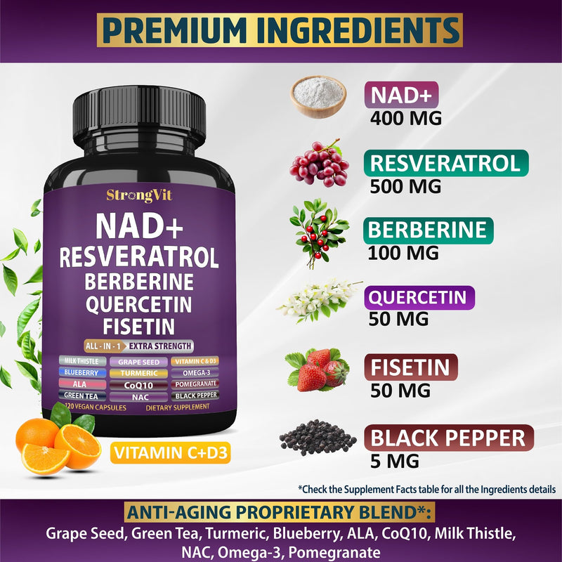 NAD Resveratrol Supplement for Women & Men. Support Cellular Health, Energy + Healthy Aging. Advanced Formula, Plus Third-Party Lab Tested in USA (120 Capsules) 120 Count (Pack of 1)