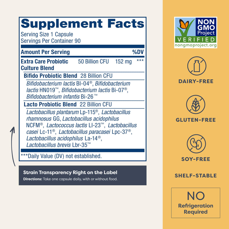 Renew Life Extra Care Digestive Probiotic 50 Billion CFU | 90 Vegetarian Capsules | Supports Digestive, Immune & Respiratory Health | Dairy, Soy and Gluten Free Supplement 90 Count (Pack of 1)