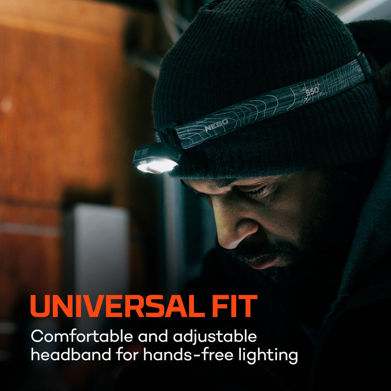 NEBO MYCRO 550+ Rechargeable Headlamp | 550 Lumens, 7 Light Modes, Water Resistant, Detachable Hat Clip, Super Bright Head Lamp for Camping & Hiking, Includes USB Charging Cable – Gray