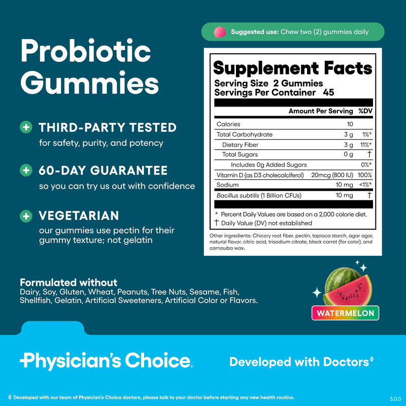 Physician's CHOICE Probiotic Gummies with Vitamin D & Prebiotic Fiber - Sugar Free - 1B CFUs of Clinically Studied Probiotic - Supports Immune & Gut Health for Women & Men - Watermelon Flavor - 90CT 90 Count (Pack of 1)