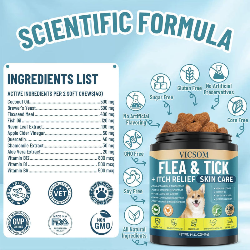 Flea and Tick Prevention for Dogs Itching Skin Relief, 200 Chewable Flea and Tick for Dog with Skin & Coat Support, Itch Relief for Dogs, Oral Supplement for All Breeds & Ages, Chicken Flavor