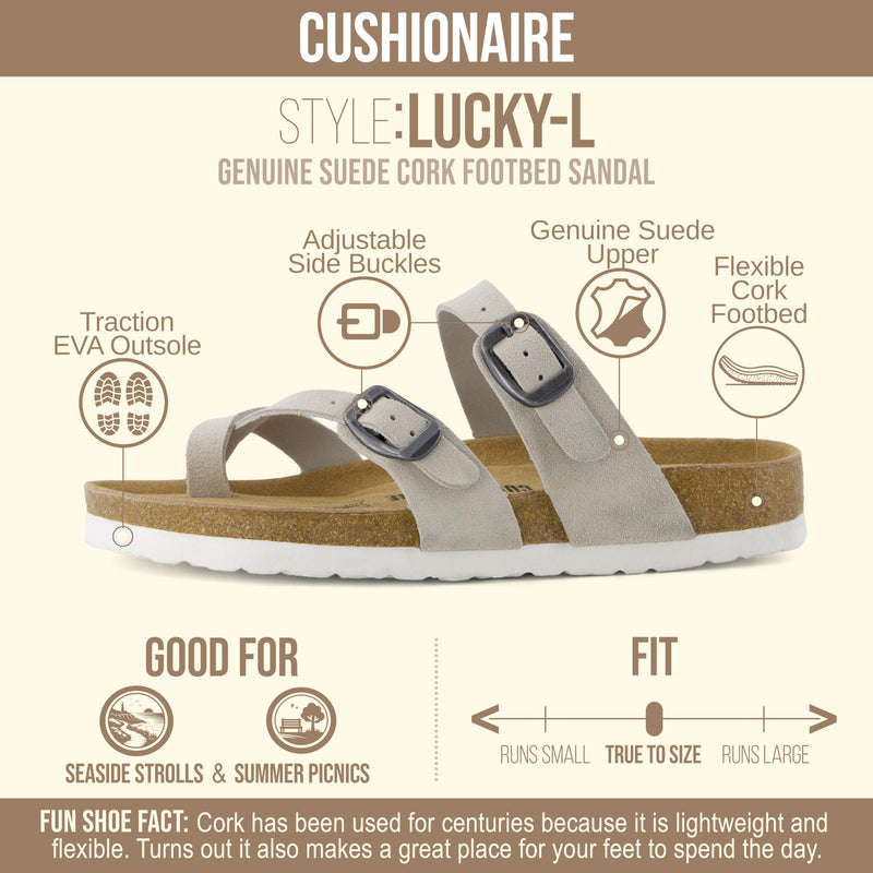 CUSHIONAIRE Lucky 100% Genuine Leather Suede Womens Sandals, Comfortable Cork Footbed Slides for Women with Adjustable Buckles 10 Stone