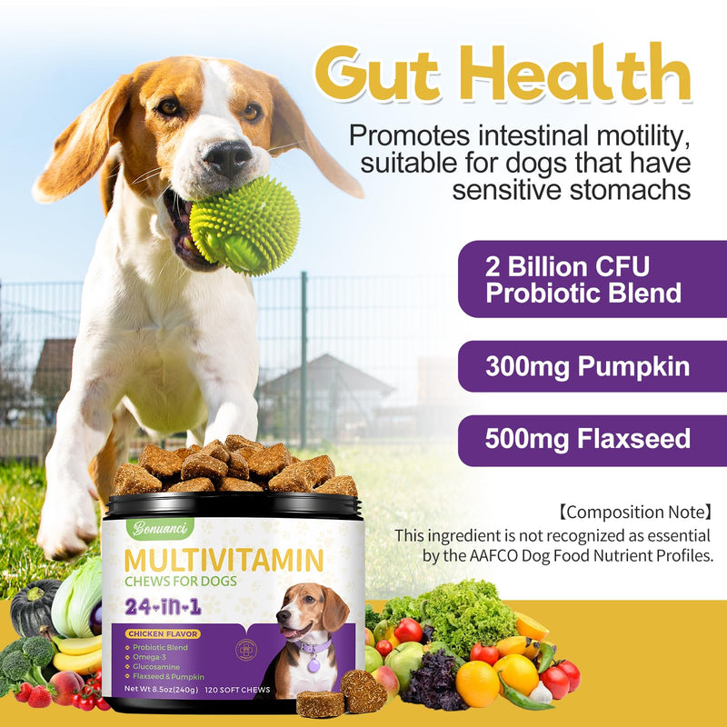 Dog Multivitamin Supplement for Dogs Vitamins Chewable Contain Glucosamine, Vitamin, Probiotics, Omega-3 for Puppy Supplies Skin Coat, Heart, Hips & Joints, Digestion & Immune System 120pcs