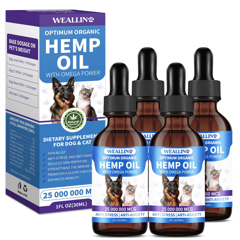 WEALLIN Hemp Oil for Dogs and Cats - Omega-3, 6, 9 Rich Organic Extract - Eases Pet Anxiety, Pain, Skin & Coat Health - Stress Relief, Hip & Joint Support - Calming Treats (4 Pack) 4PC