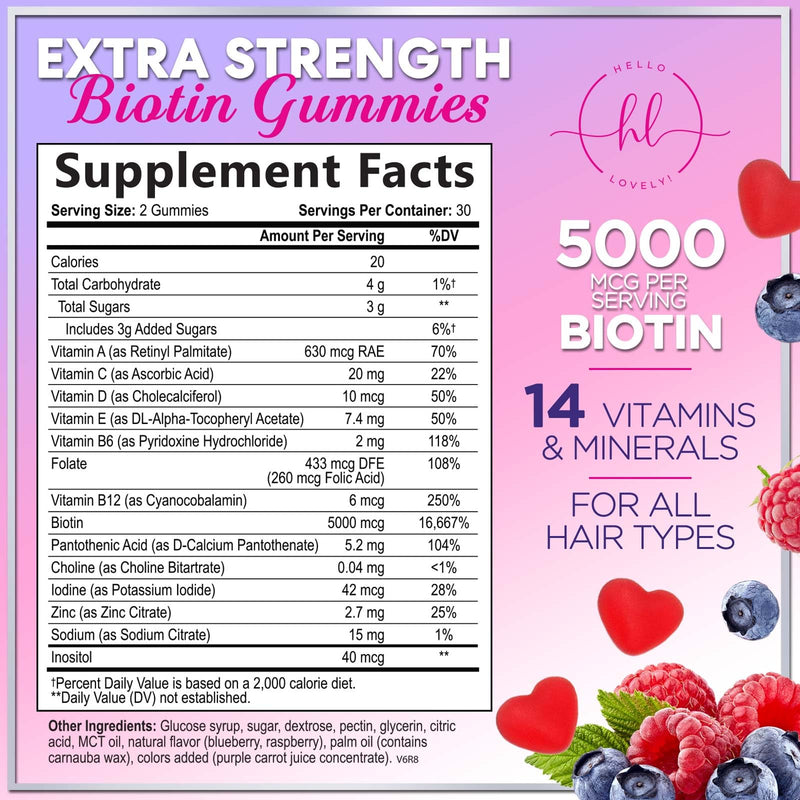 Hair Vitamins Gummies with Biotin 5000 mcg per Serving - Hair Growth Support with Vitamins E & C for Thicker, Stronger & Beautiful Hair - Hair Skin and Nails Vitamin, Gluten Free - 60 Gummies 60 Count (Pack of 1)