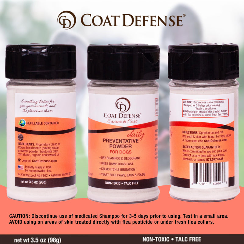 COAT DEFENSE Preventative Powder | Made in USA | 3.5oz Waterless Dog Shampoo & Pet Deodorizer for Smelly Dogs | Provides Anti Itch Relief | Dog Shampoo for Dry Itchy Skin & Dog Shampoo for Smelly Dogs - BeesActive Australia