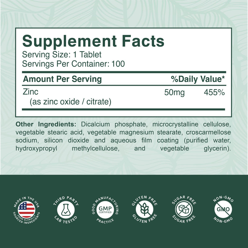 PurePremium Zinc 50mg Supplements for Men/Women - High Potency 100 Tablets | Zinc Citrate / Oxide, Supports Immune System, Antioxidant, Energy Support, Normal Skin & Cognitive Health - Gluten Free 100 Count (Pack of 1)
