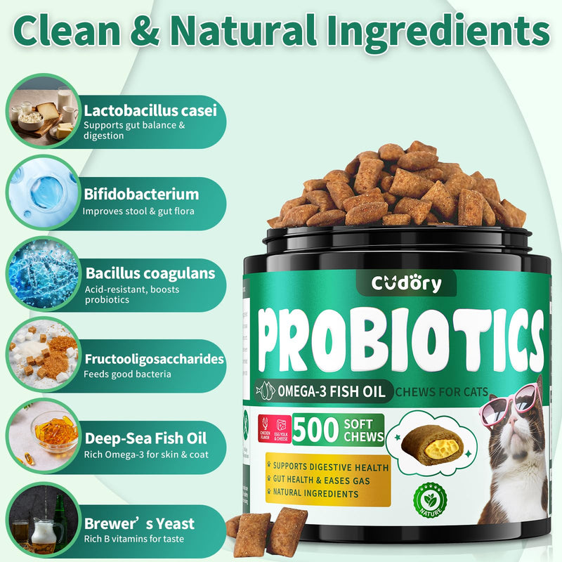 Cat Probiotics Treats for Digestive & Gut Support - 500 Crunchy & Creamy Cat Snacks - Cat Gut Health, Constipation Relief, Healthy Stool, Natural Supplement for Cats, Chicken Flavor (90-Day Supply)