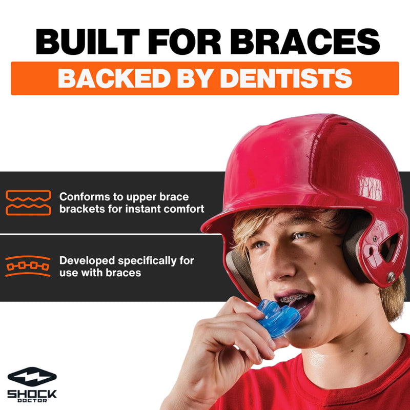 Shock Doctor Braces Football Mouth Guard, Upper & Lower Teeth Protection, Adult/Youth Sizes with Helmet Strap, Mouthguard for Sports, Football, Hockey, Lacrosse, Baseball, Wrestling, More Adult: 12+ yrs Blue