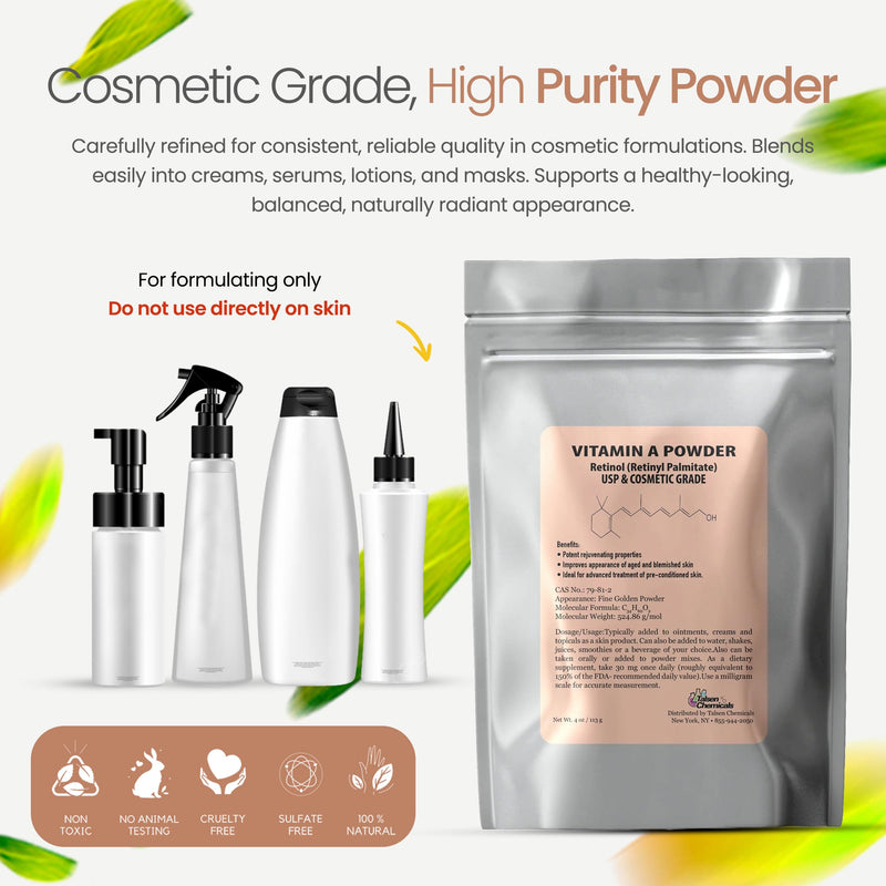 Vitamin A Powder Retinyl Palmitate, Pure Retinol Powdered Vitamin Water Soluble Vitamin A USP & Cosmetic Grade (4 oz. / 113 Grams) 4 Ounce (Pack of 1) - BeesActive Australia