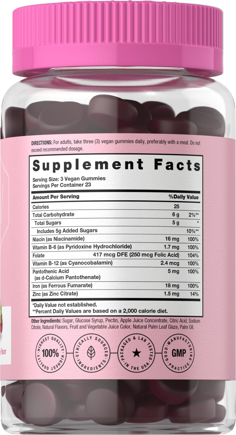 Horbäach Iron Gummies for Women | 70 Count | Grape Flavor | Supplement with B Vitamins Folate and Zinc | Vegan, Non-GMO & Gluten Free