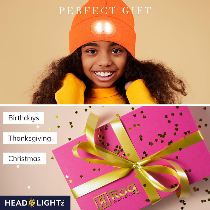 HEAD LIGHTZ by Roq Innovation - Kids Beanie with Light & Glove Set - Unisex LED Beanie Hat with Light Built in, Rechargeable Blue Hat/Glove Set