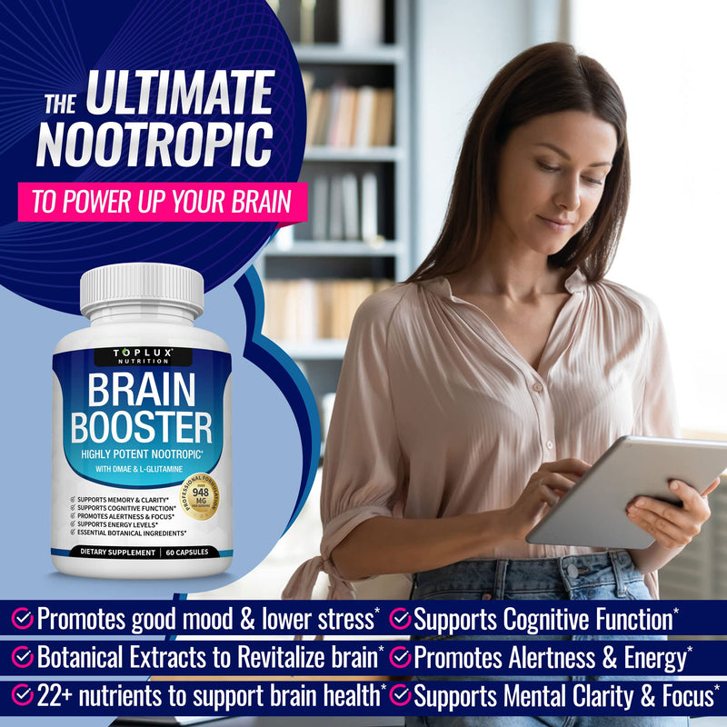 Toplux Brain Supplement Nootropic – Brain Pills Vitamin with DMAE, Bacopa Monnieri, L-Gutamine, for Men Women, 60 Capsules, Nutrition Two