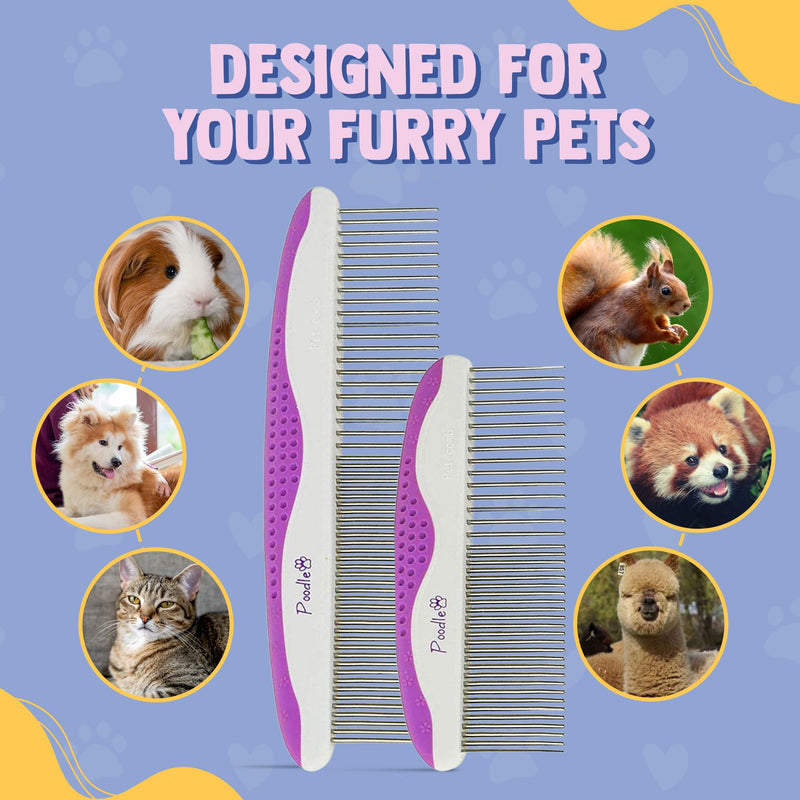 Poodle Pet Dog Combs for Grooming | 2 Pack | Stainless Steel Teeth Easily Remove Dirt | Proper Care Prevents Knots and Mats for Long and Short Haired Pets |Anti-Slip Comfort Grip Handle| Purple - BeesActive Australia