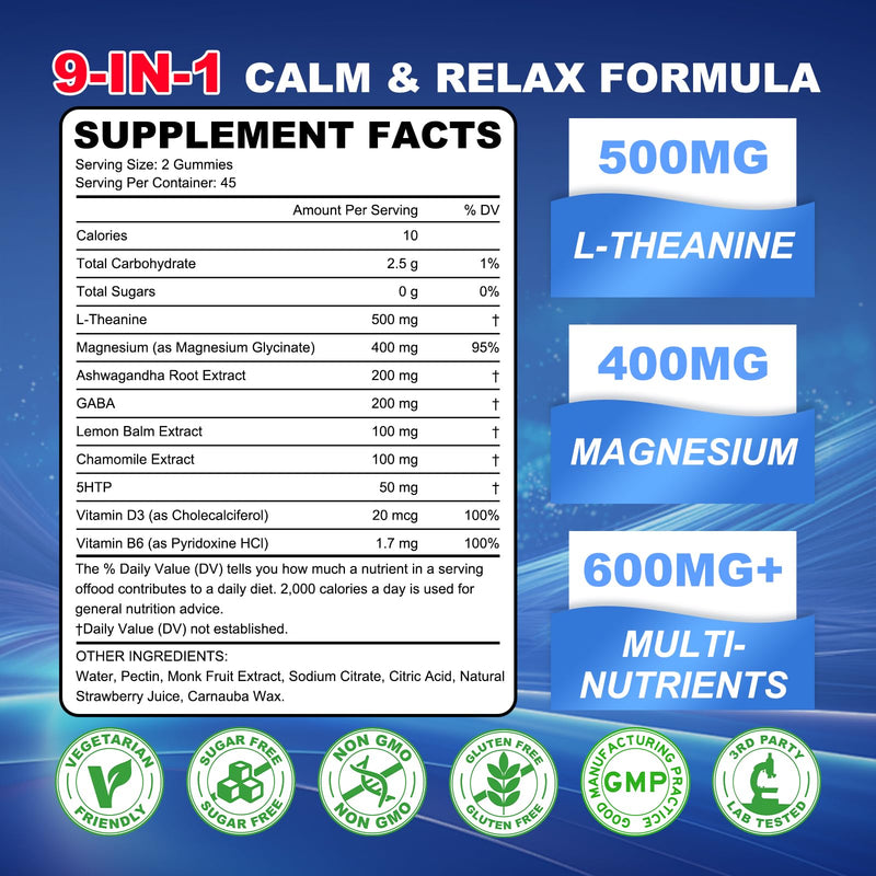90 Count | L Theanine Gummies, L Theanine Supplement for Adults & Kids | w/ Ashwagandha, Magnesium, GABA & 5-HTP, Sugar Free Liposomal Formula for Calm Relax zzZ M♡♡d & Focus, Vegan 90 Count (Pack of 1)