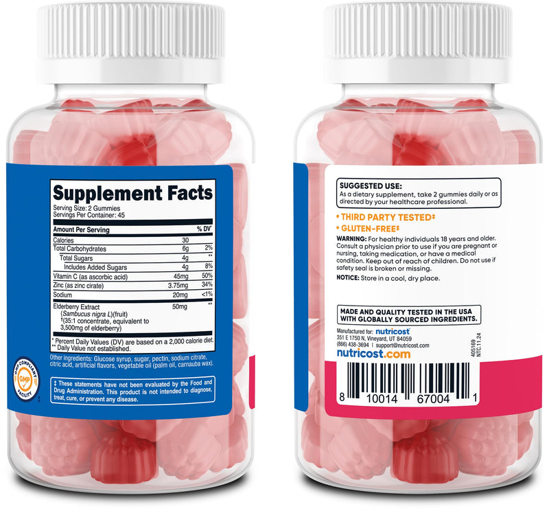 Nutricost Elderberry Extract Gummies 90 Gummies for 45 Servings Per Bottle | With Vitamin C & Zinc, Gluten-Free 90 Count (Pack of 1)