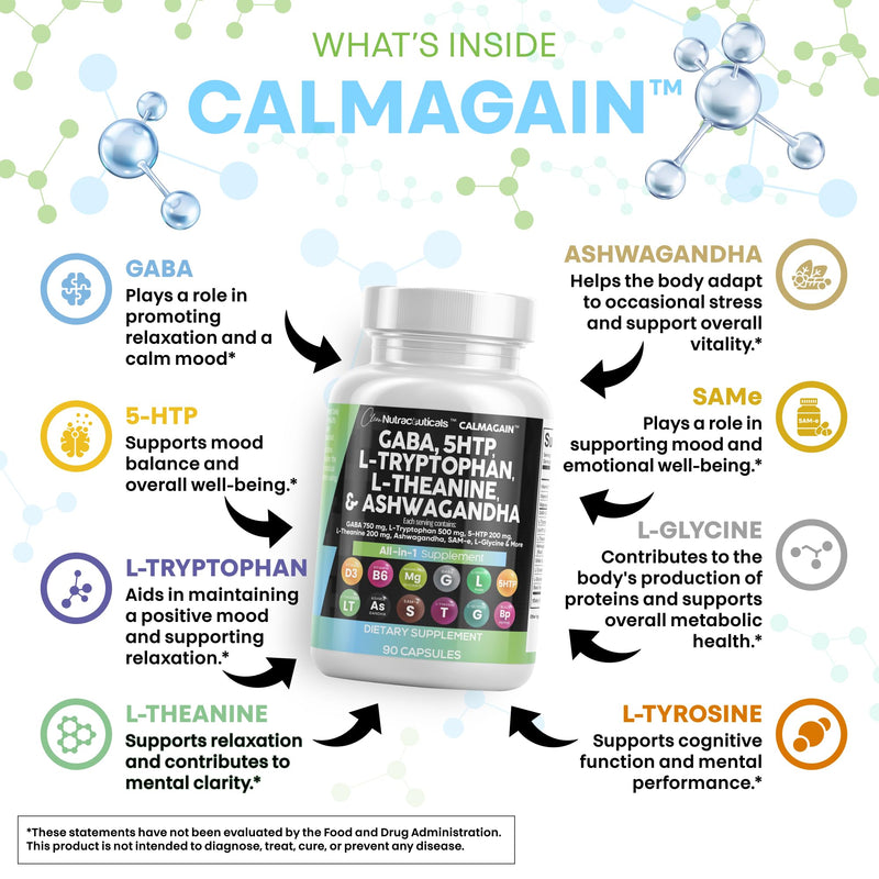 Clean Nutraceuticals GABA 750mg 5 HTP 200mg L Tryptophan 500mg L Theanine 200mg Ashwagandha SAM-e L-Glycine - Mood Support Vitamins for Women and Men with L-Tyrosine (90 Count (Pack of 3)) 30 Count (Pack of 3)