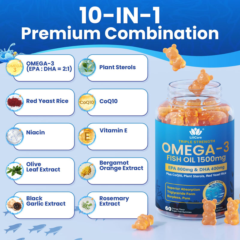 Fish Oil Omega 3 Gummies 1500mg for Adults, Triple Strength Omega-3 EPA DHA | Sugar Free Omega 3 Fatty Acid Supplements, 800mg EPA + 400mg DHA w/ CoQ10, Red Yeast Rice, Wild Caught, Burpless,120 Cts 60 Count (Pack of 2)