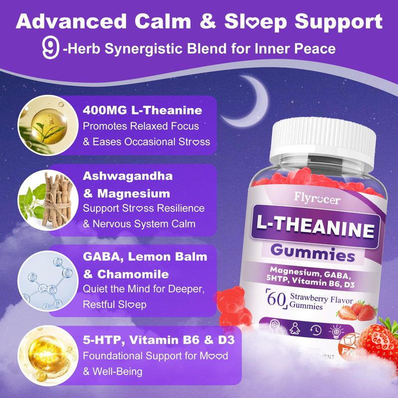 2 Pack L-Theanine Gummies, L Theanine Supplement for Adults & Kids, L'Theanine with Ashwagandha, Magnesium, 5HTP & GABA - Support Calm, Relax, zzZ, Focus, Vegan Strawberry Flavor, 120 Count 60 Count (Pack of 2)