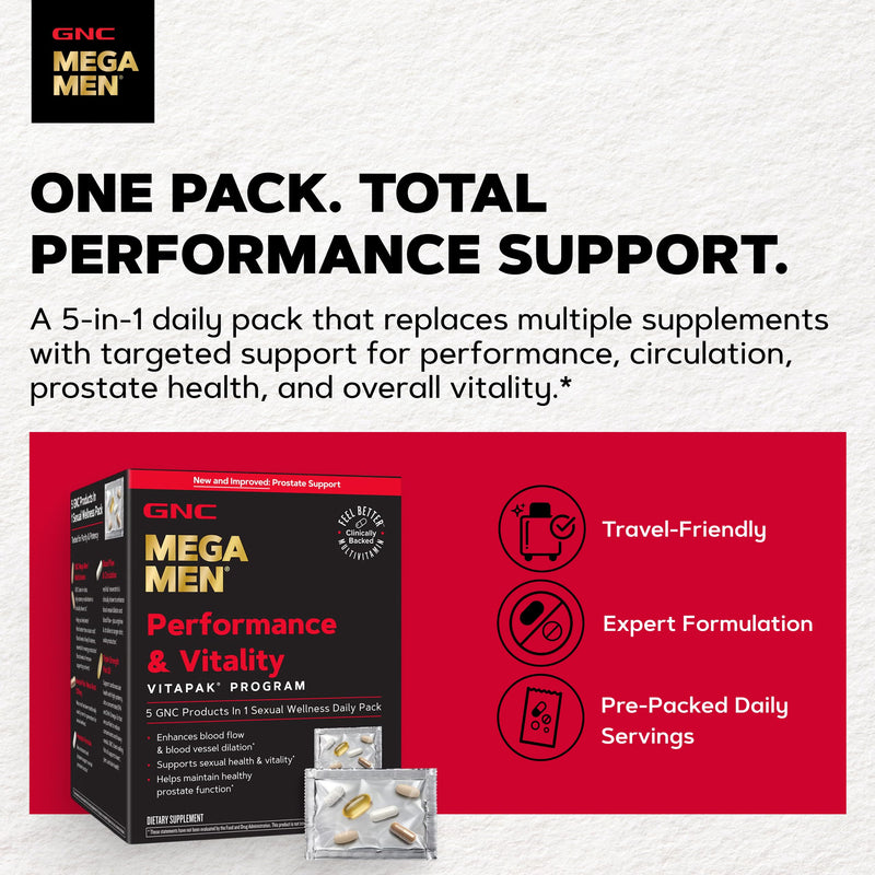 GNC Mega Men Performance and Vitality Vitapak Program for Men, Convenient Complete Nutrition, 5 Products in 1 Pack, Circulation, Blood Flow, Stronger Drive - New & Improved - 30 Packs Old Version