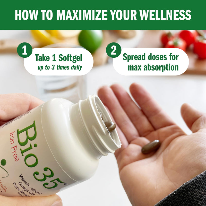 Bio-35 100ct Iron Gluten & Soy- Free Daily Multivitamin for Men & Women Wellness – High Potency Softgel with Trace Minerals, Vitamin D3, Vitamin A, Flax Seed Oil - Immune Support, Digestion, & Energy Iron Free 100 Count (Pack of 1)