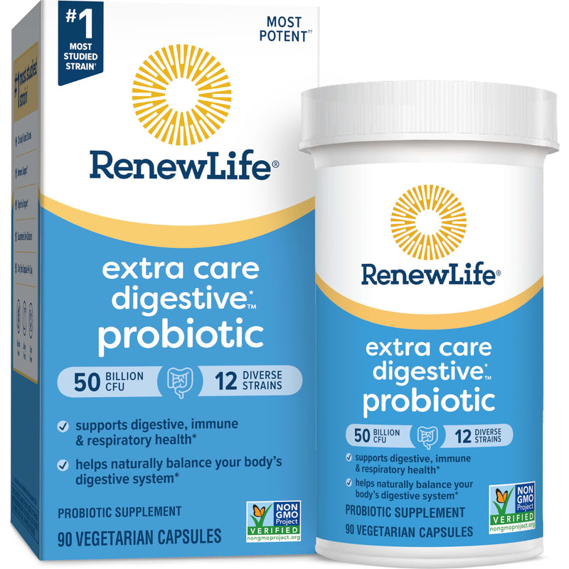 Renew Life Extra Care Digestive Probiotic 50 Billion CFU | 90 Vegetarian Capsules | Supports Digestive, Immune & Respiratory Health | Dairy, Soy and Gluten Free Supplement 90 Count (Pack of 1)