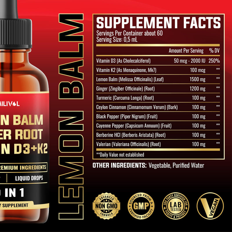 10in1 Lemon Balm Tincture - 3300mg Lemon Balm Leaf Extract Liquid Drops with Ginger Root, Turmeric Liquid, Ceylon Cinnamon, Vitamin D3, K2-1Fl Oz - 60 Servings
