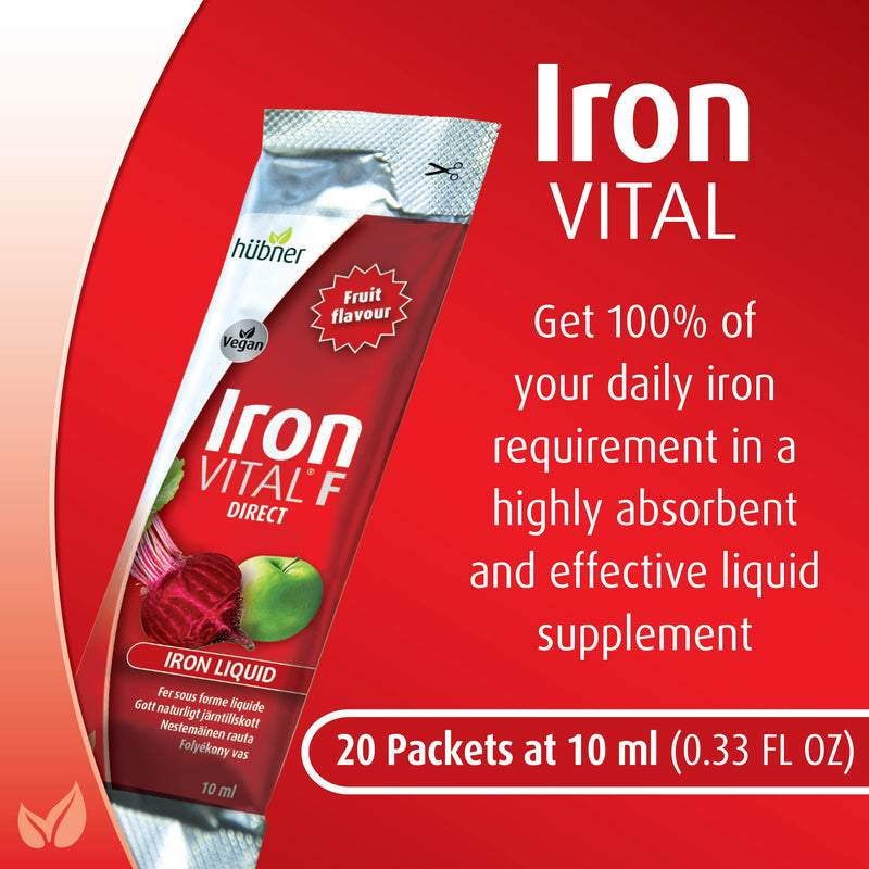 hübner Iron Vital Liquid Iron Supply Plus Vitamin C, Dietary Supplement for Adults and Kids, Vegan and Gluten-Free, Fruit Flavor, Box of 20 Packets + 2 Extra Packets, 10 ml Each 7.44 Fl Oz (Pack of 1)