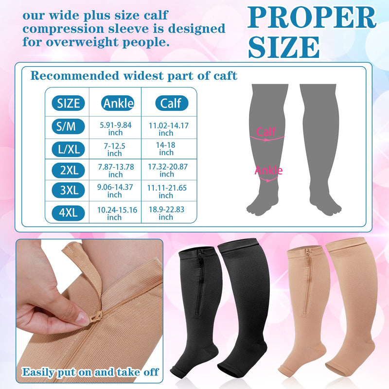 Hillban 2 Pair Plus Size Calf Zipper Compression Socks 15 to 20 Mmhg Open Toe Compression Stockings for Overweight Women Men 4X-Large Black, Nude - BeesActive Australia