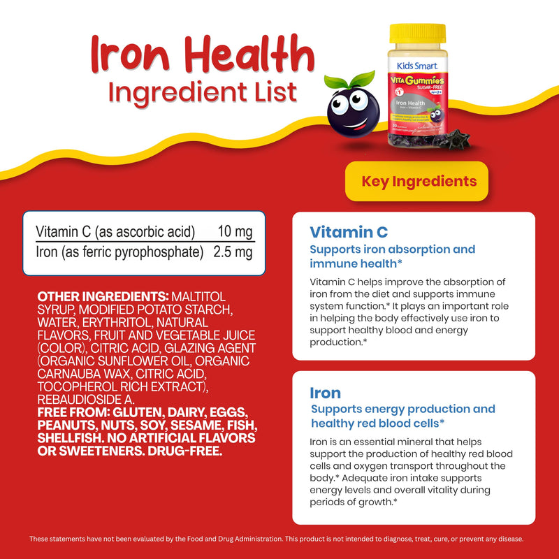 Kids Smart Iron Health Gummies, Iron + Vitamin C, Energy & Immune, Kids 3+ | Iron + Vitamin C, Sugar-Free Vegan Gummy Vitamins, Gluten-Free, Non-GMO, Supports Energy, Immunity & Iron Absorption, 30 Ct
