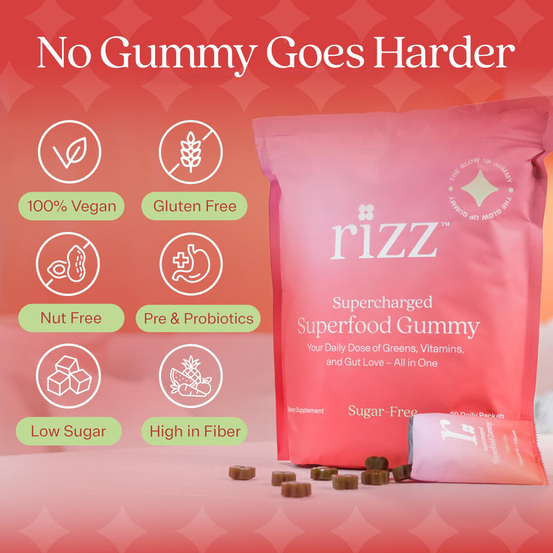 RIZZ Sugar-Free Green Gummies - 60+ Superfoods 6g Fiber - 30 Day Supply Prebiotic and Probiotic Gummies - Vegan Multivitamins for Women & Men - Gluten Free - Mushroom, Fruit and Vegetable Supplements