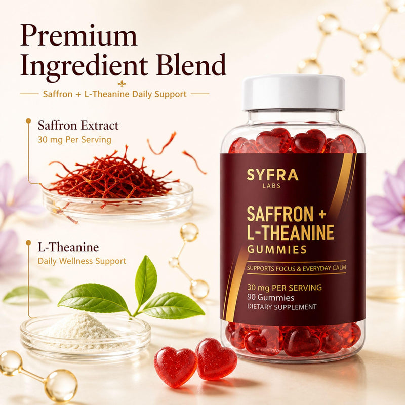 Saffron & L-Theanine Gummies – 200mg L-Theanine + 30mg Saffron Extract per Serving – Supports Calm & Focus – Sugar-Free, Vegan, Berry Flavor – 90 Gummies (45 Servings)