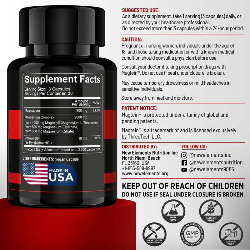 Magtein Magnesium L-Threonate – 2000mg Mag Complex with L Threonate, Glycinate, Citrate & Vitamin B6 – Brain Health, Memory, Focus & Mental Clarity | 300mg Elemental Magnesium | 90 Capsules