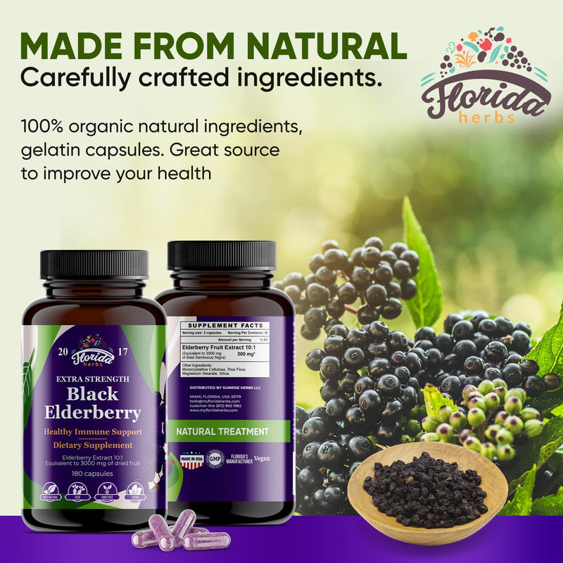 Black Elderberry Capsules | 180 Count | Sambucus Elderberry Vitamins, Non-GMO, Gluten Free, Organic Elderberry Extract Sambucus Nigra 180 Count (Pack of 1)