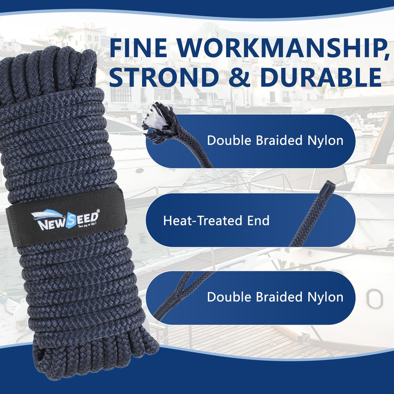 MALZE-NEWSEED 4 Pack 1/2" x 15' Dock Lines Double Braided Nylon Boat Rope with 12" Eyelets, Marine Grade Premium Mooring Lines for Docking Boat & Pontoon, Navy Blue 15'--1/2"