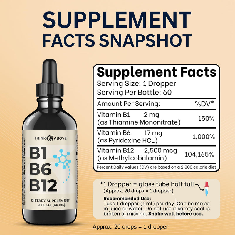 Think Above B1 B6 B12 Vitamin Liquid Drops - Nerve, Energy, Brain Support Supplement - Fruity-Like Flavor - Methylcobalamin, Thiamine, Pyridoxine (2) 2