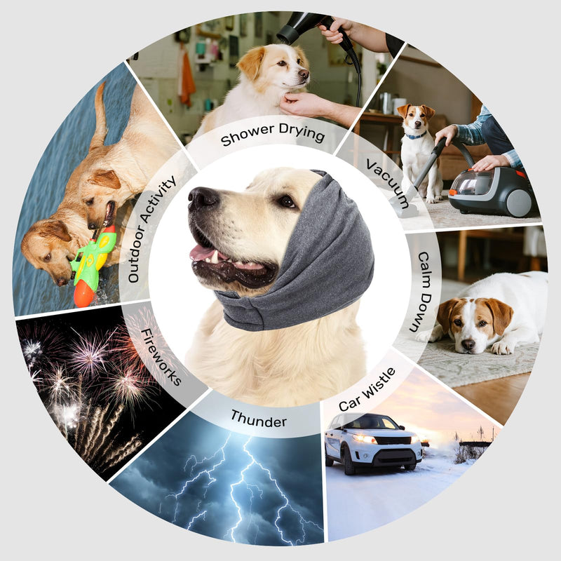 Ear Cover Wraps for Dogs Bath Grooming Drying Swimming, Dog Ear Muffs Noise Protection Winter,Adjustable Dog Calming Hoodie for Hematoma Anxiety Firework Thunder Warm Sleeping Shower Cap (MG) Deep Grey Medium