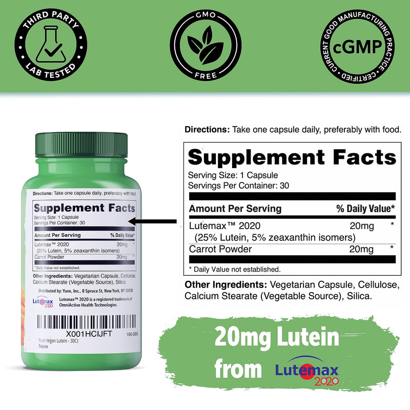 Yuve 20mg Lutein & Zeaxanthin Eye Health Supplement with Clinically Studied Lutemax 2020 Carotenoid Complex - Supports Dry Eyes, Fatigue & Vision Clarity - 30 Vegan Capsules